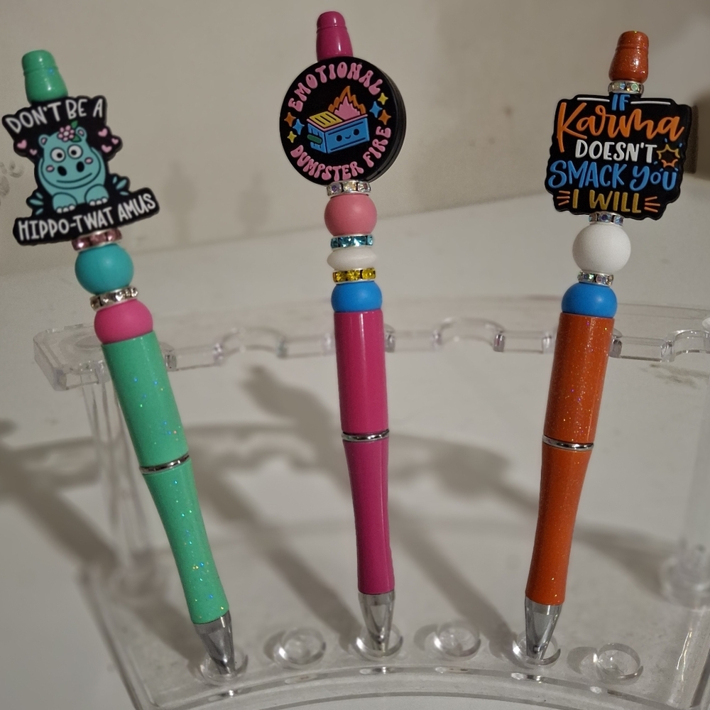 Set Of 3 Colorful Beaded Pens with Sassy Charms- Includes Additional Refills